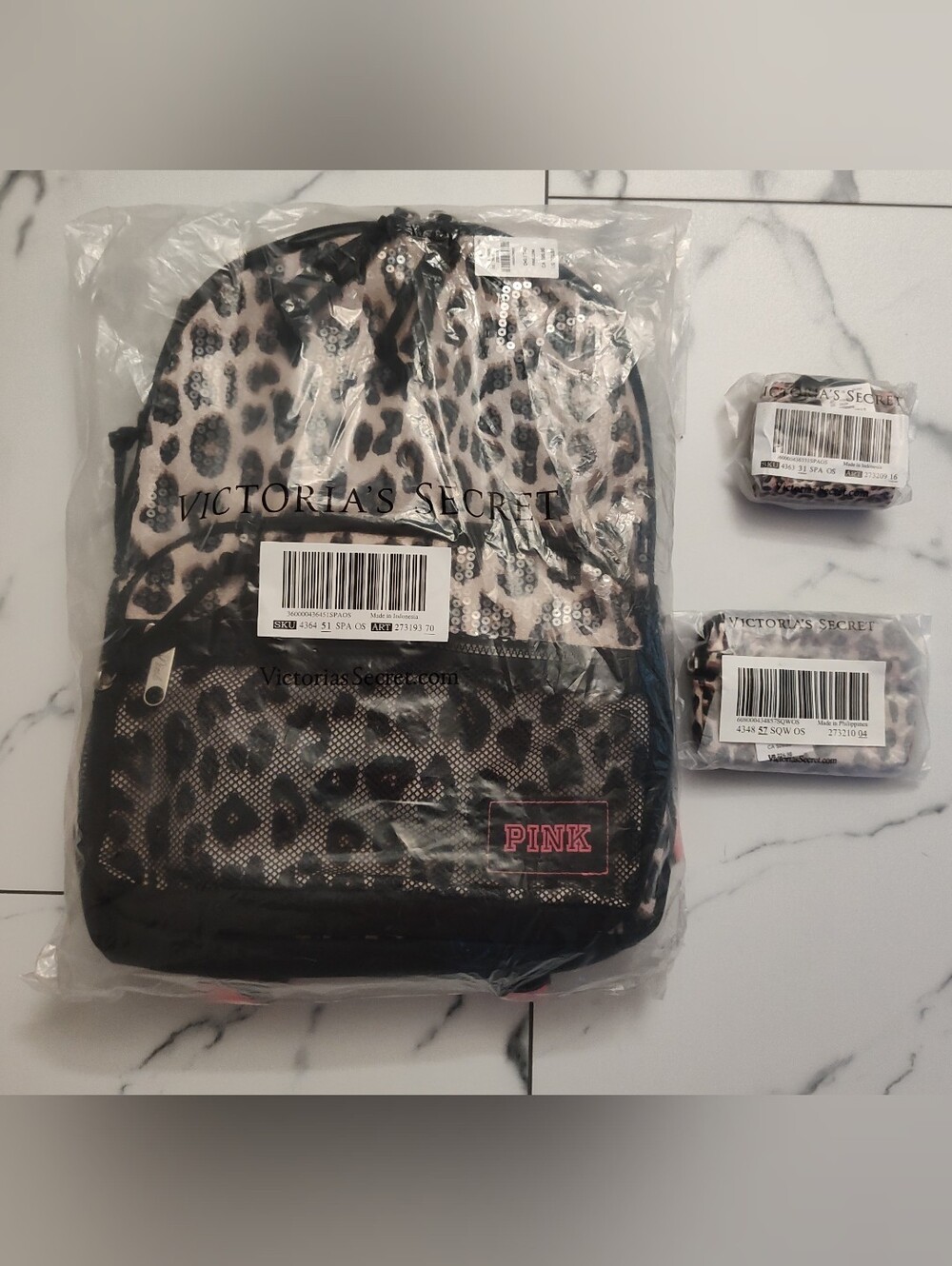 PINK Leopard Sequin Backpack 3 Piece Bundle